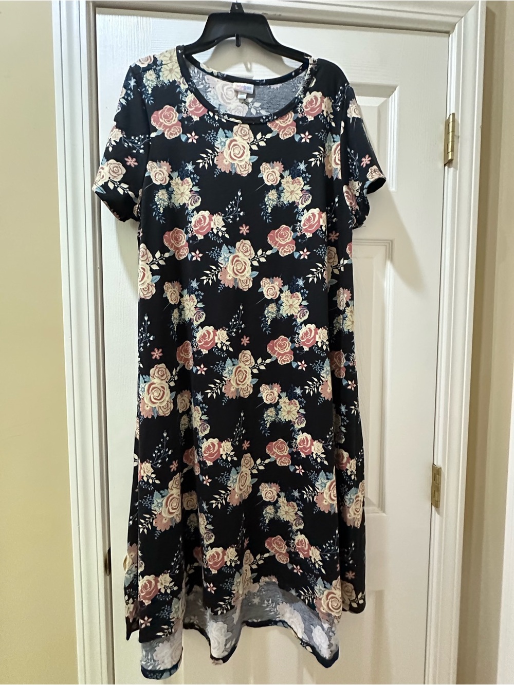 LuLaRoe Black Floral Midi Dress with Pink and Cream Roses